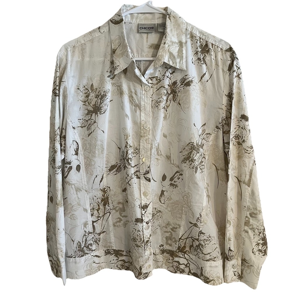 Chico's Women's 3 (XL) White Floral Metallic Blouse Lightweight Cotton Button Up